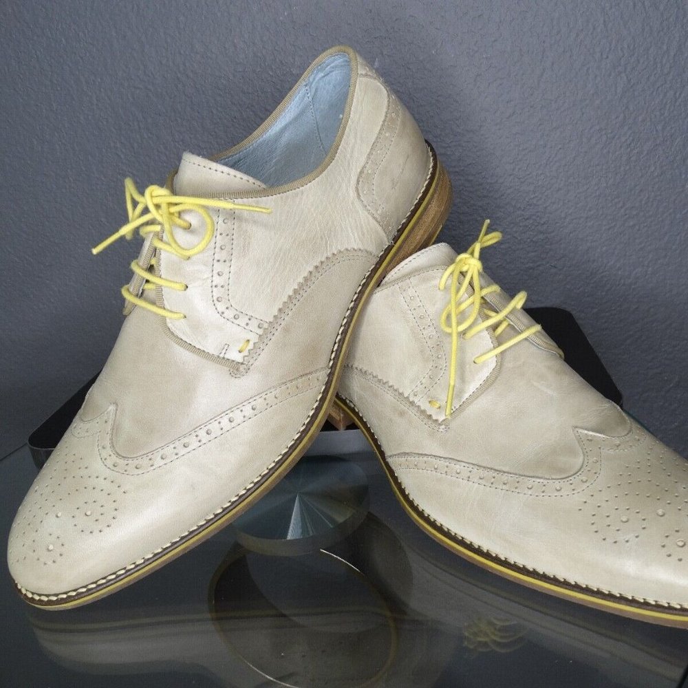 Kenneth Cole New York Beige Yellow Wing Tip Leather Oxford Shoes Men's Size 11.5